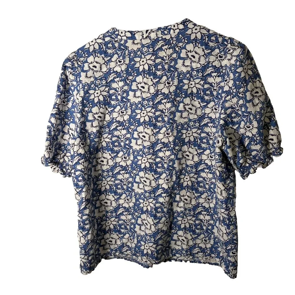 J Crew Blouse Women's Small Blue Floral Button Up Short Sleeve Casual Printed